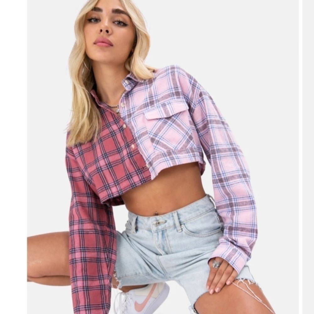 Adika crop pattern mix flannel button down shirt plaid pink 544